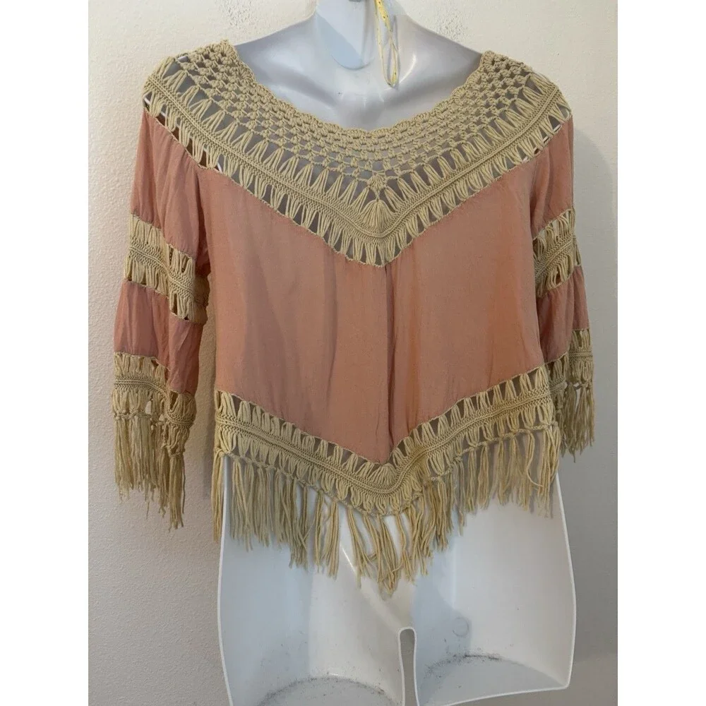 Umgee Womens BOHO Top M Pink Crochet Fringe Festival Hippie Blouse - Picture 3 of 6